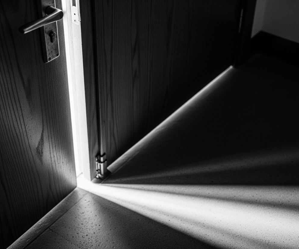 Pochylone ujęcie ukazuje uchylone drzwi w czarno-białej tonacji. Wąska szczelina między framugą a drzwiami na lewo jest jasna, rozświetlając fragment podłogi i rzucając na nią ostry, trójkątny cień. Metalowa klamka oraz zamek są widoczne na ciemnej powierzchni drzwi.
