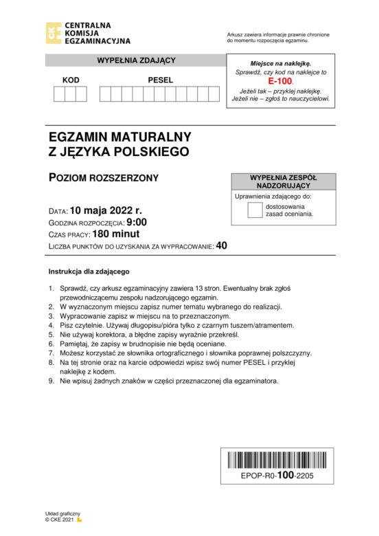 Matura 2022: polski rozszerzony. Arkusze CKE, tematy wypracowania. Poziom rozszerzony	