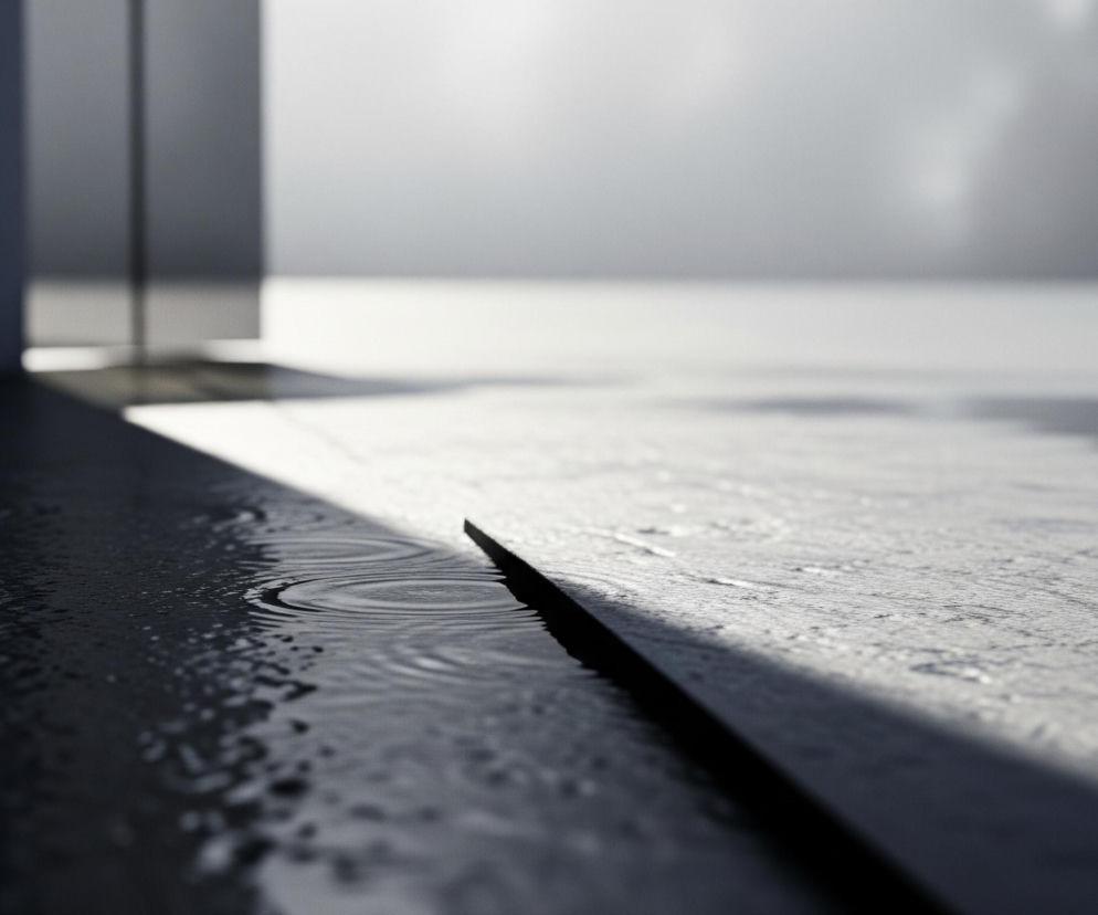 Centralnym elementem obrazu jest kałuża wody o ciemnym, odbijającym świetle zabarwieniu, z koncentrycznymi kręgami na powierzchni, powstałymi przez wpadającą kroplę, znajdująca się na pierwszym planie, po lewej stronie. Kręgi te są wyraźnie widoczne, a woda odbija otoczenie. Kałuża rozciąga się wzdłuż ciemnej, prostej krawędzi, która biegnie przez środek kadru, dzieląc go na dwie części. Po prawej stronie tej krawędzi znajduje się jaśniejsza, porowata powierzchnia, która wydaje się być sucha i teksturowana. Tło jest rozmyte, dominują odcienie szarości i bieli, z niewyraźnymi, jasnymi plamami światła i ciemniejszymi cieniami.