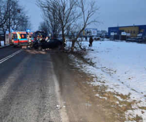 Tarnów. Młody kierowca ROZBIŁ bmw na przydrożnym drzewie. Z wypadku wyszedł niemal bez szwanku