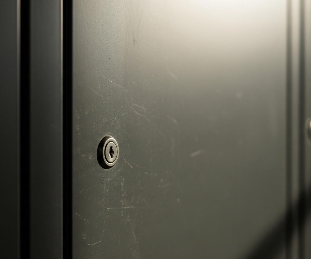 Ciemnoszare drzwi szafki lub metalowej szafy zajmują centralną i prawą część obrazu, z wyraźnym światłem padającym od góry i z prawej strony, tworząc jasny gradient na ich powierzchni. W lewej górnej części drzwi widoczny jest okrągły, metalowy zamek z otwartym na klucz otworem w kształcie krzyża. Powierzchnia drzwi jest matowa i posiada liczne drobne rysy oraz jaśniejsze smugi, szczególnie widoczne wokół zamka. Po lewej stronie widoczny jest fragment innego elementu konstrukcyjnego, prawdopodobnie krawędź kolejnych drzwi lub ramy, rozdzielony pionową, ciemniejszą szczeliną.