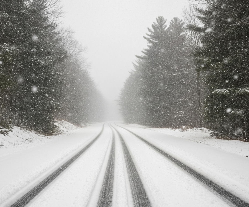Zasypana śniegiem droga biegnie prosto przez środek kadru, z dwoma wyraźnymi pasami śladów opon, które delikatnie zakręcają w oddali. Po obu stronach drogi rozciąga się gęsty las, złożony zarówno z drzew iglastych, jak i liściastych o gołych gałęziach, wszystkie pokryte warstwą białego śniegu. Niebo jest całkowicie zachmurzone, a widoczność ogranicza intensywnie padający śnieg, widoczny jako liczne białe plamki na pierwszym planie i w tle, co nadaje scenie mglisty i zimowy charakter.