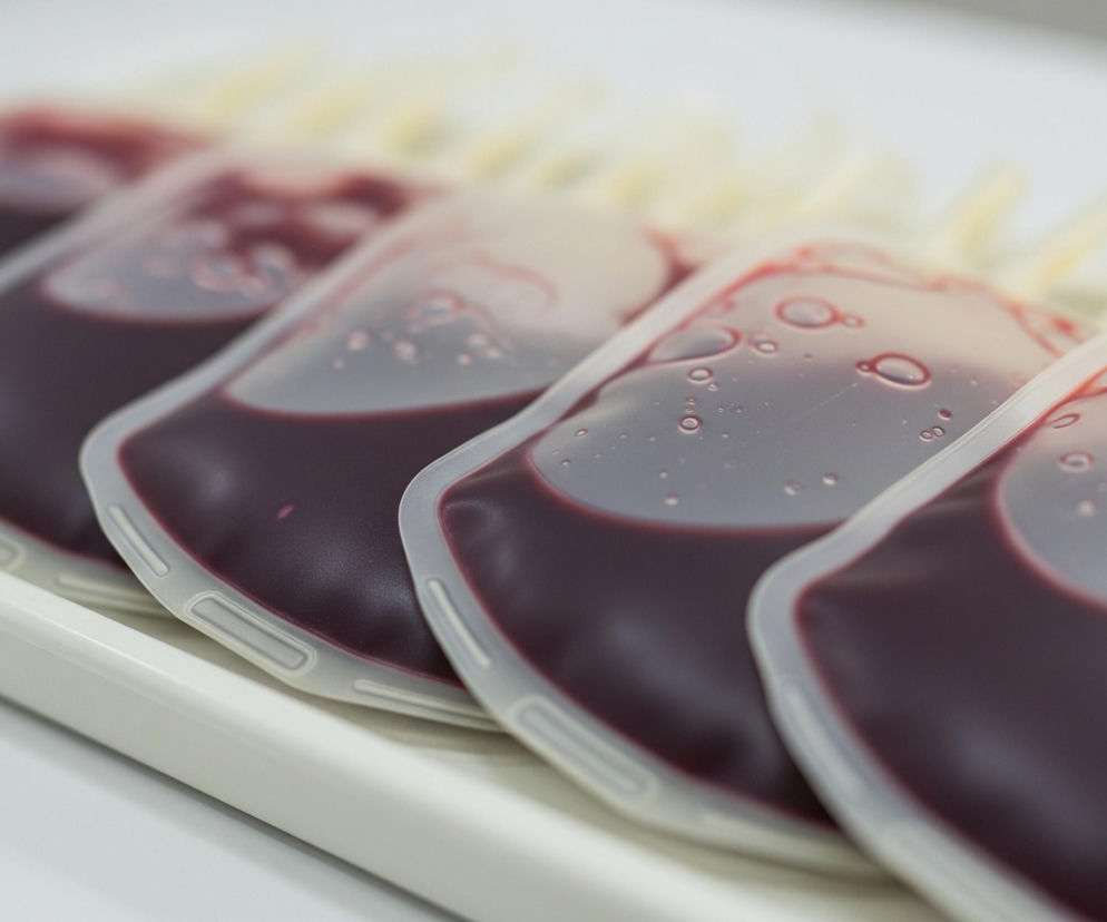 Rzędem ułożonych jest pięć przezroczystych woreczków wypełnionych ciemnoczerwoną cieczą, prawdopodobnie krwią. Woreczki leżą na białej, podłużnej tacy lub pojemniku. Górne części woreczków są częściowo przezroczyste, ukazując drobne pęcherzyki powietrza i smugi jaśniejszej czerwieni.