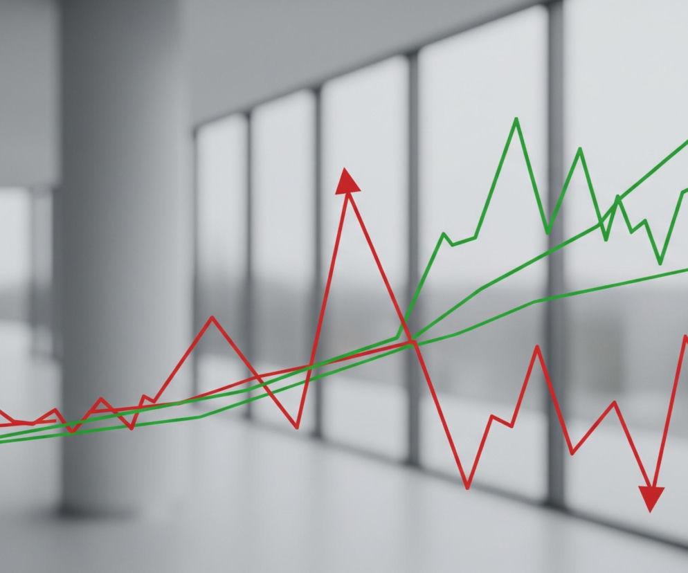 Na tle rozmytego, nowoczesnego wnętrza biurowego z dużymi oknami i jasnymi kolumnami, dominują dwie krzywe wykresu liniowego. Krzywa czerwona, o nieregularnych, ostrych wierzchołkach i dolinach, wznosi się w kierunku prawego górnego rogu, kończąc się strzałką w górę, lecz na środku obrazu widać też nagły spadek zakończony strzałką w dół. Druga krzywa, zielona, również przedstawia zmienność, z ogólną tendencją wzrostową i kończy się strzałką skierowaną w górę, zaś trzecia zielona linia jest bardziej gładka i płynnie rośnie. Całość sugeruje dynamiczne zmiany trendów w finansach lub biznesie.