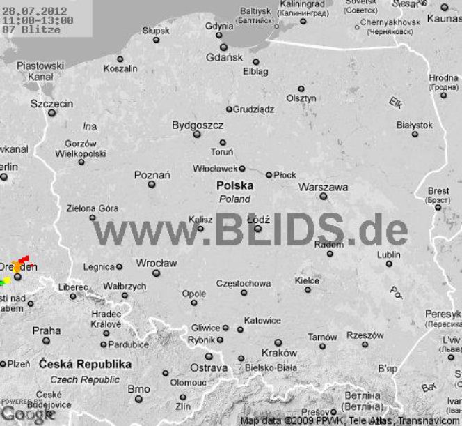 Burze w Polsce, 28.07.2012 - MAPA z godz. 11-13