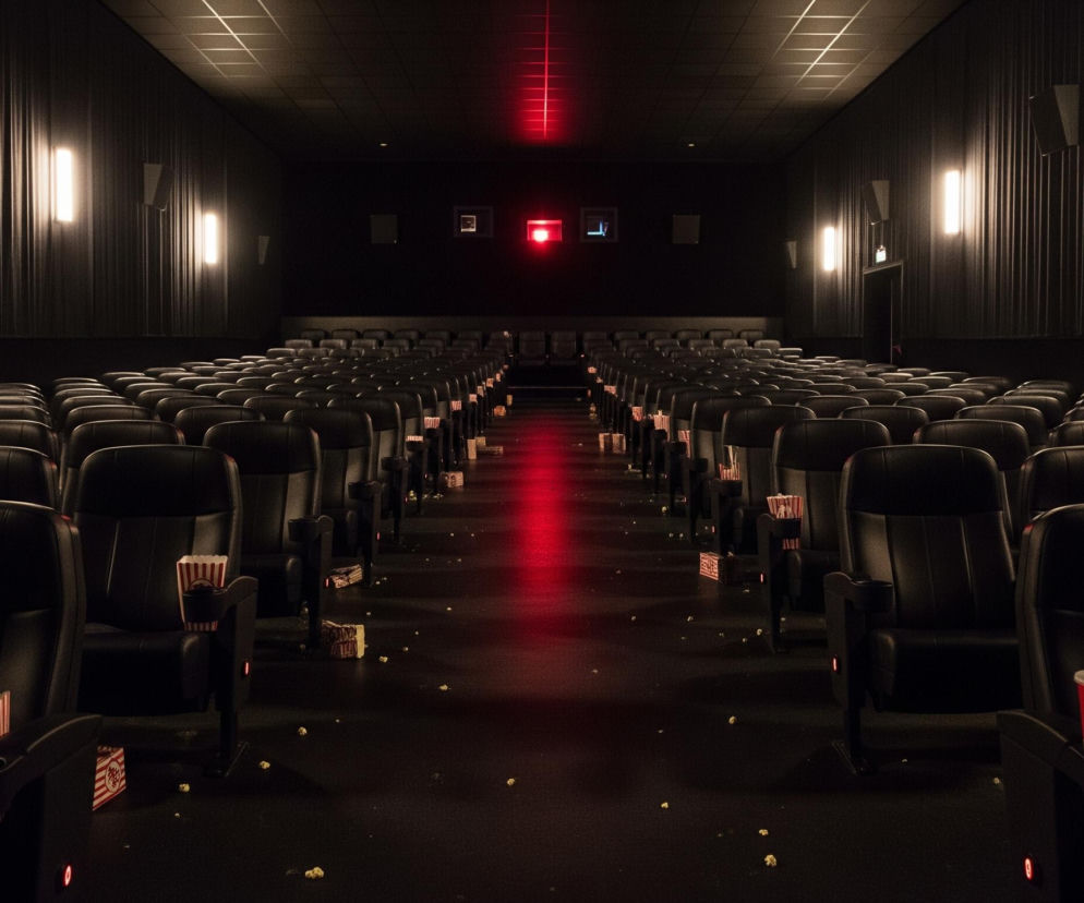 Pusta sala kinowa z rozsypanym popcornem. O maratonach Halloween w kinie Helios przeczytasz na Eska Siedlce.