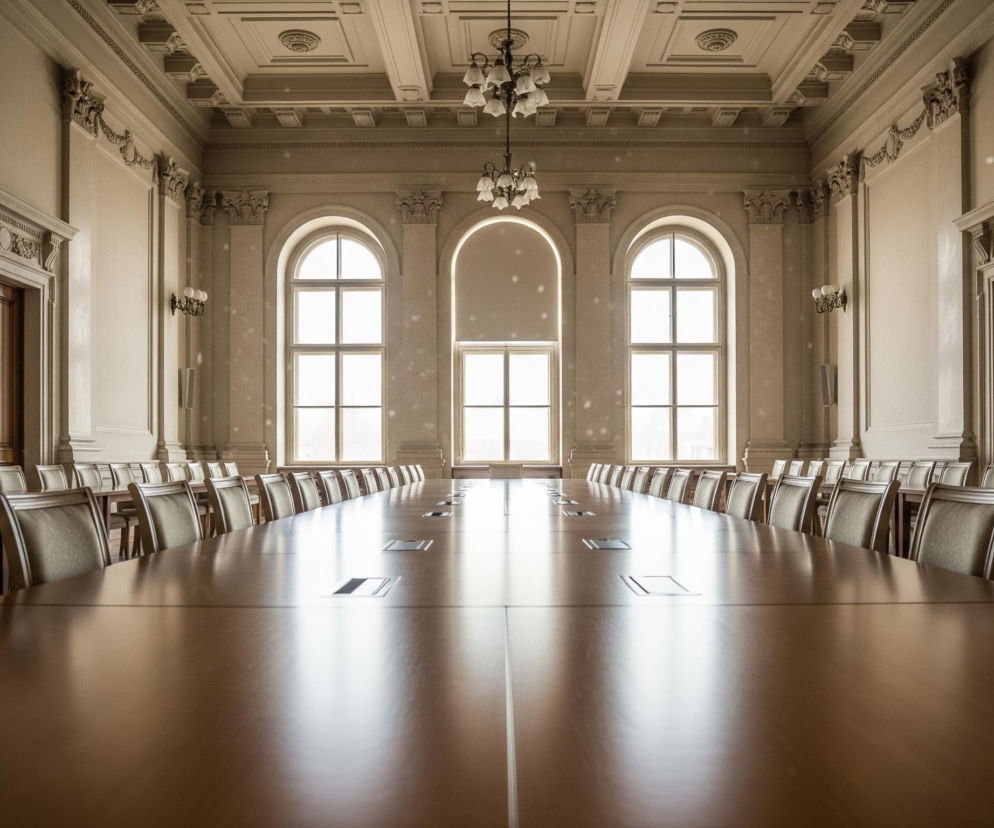 Długi, polerowany stół konferencyjny w odcieniu brązu z prostokątnymi wnękami z metalowym wykończeniem zajmuje centralną część dużego pomieszczenia, odbijając światło wpadające przez trzy wysokie, łukowate okna na przeciwległej ścianie. Wokół stołu ustawione są liczne krzesła z jasnymi, tapicerowanymi oparciami i ciemniejszymi drewnianymi ramami, tworząc dwa równoległe rzędy. Ściany są jasnobeżowe, ozdobione klasycznymi listwami, kolumnami z kapitelami i bogato rzeźbionymi detalami architektonicznymi nad drzwiami oraz przy suficie, z którego zwisają dwa ozdobne żyrandole.