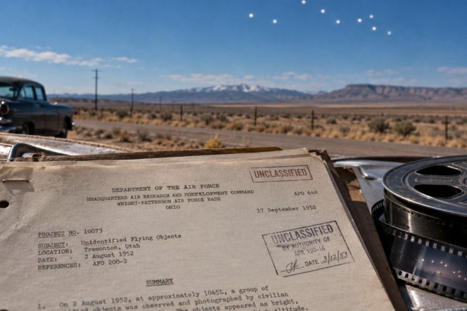 Dokument Project Blue Book na masce auta w Utah. W tle jasne punkty UFO. O sprawie z Tremonton przeczytasz na Eska.