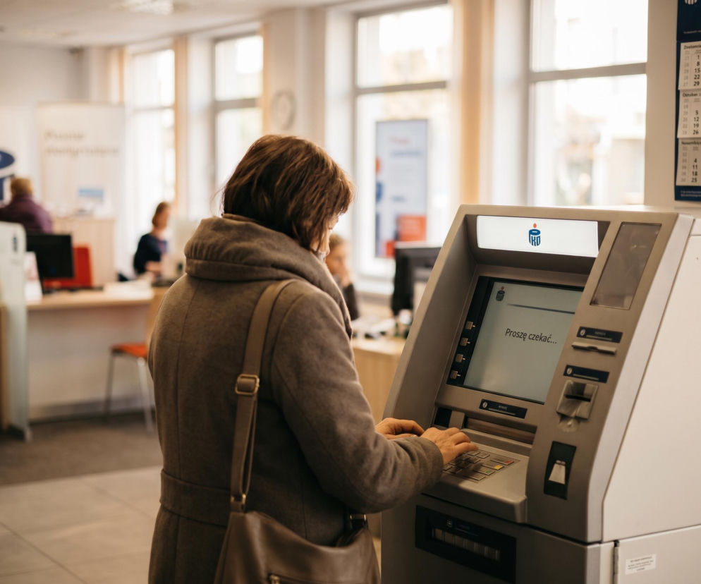 Kobieta w płaszczu korzysta z bankomatu PKO BP w placówce. O przelewach 1 listopada przeczytasz na Eska.