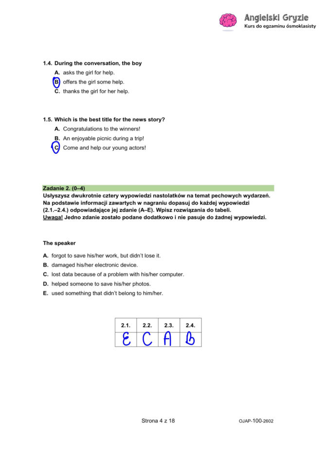 Próbny egzamin ósmoklasisty 2026 angielski - odpowiedzi