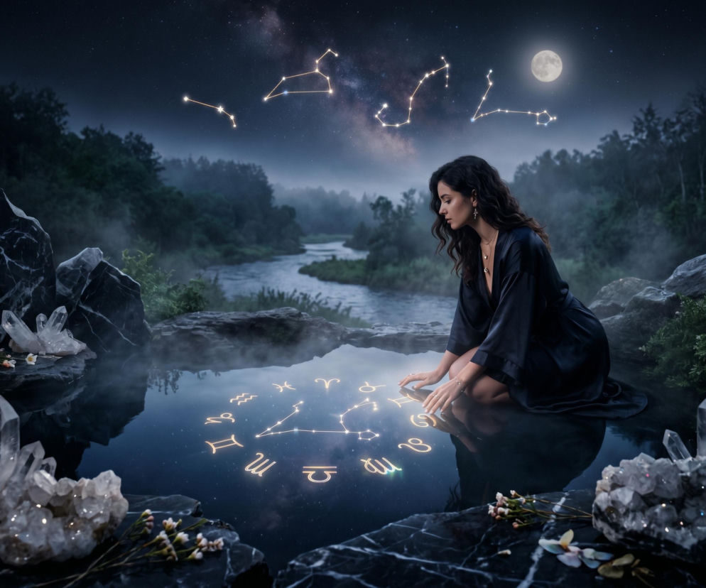 Kobieta w ciemnej szacie pochyla się nad lustrzaną taflą wody, w której odbijają się symbole znaków zodiaku, a także gwiazdy na rozgwieżdżonym niebie z pełnią księżyca. Scena otoczona jest naturalnym krajobrazem z rzeką i mgłą. Więcej na temat horoskopu dziennego znajdziesz na naszym portalu.