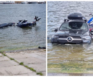 Mikołajki. Mercedes ześlizgnął się do wody. Kierowca uciekł w ostatniej chwili [ZDJĘCIA]