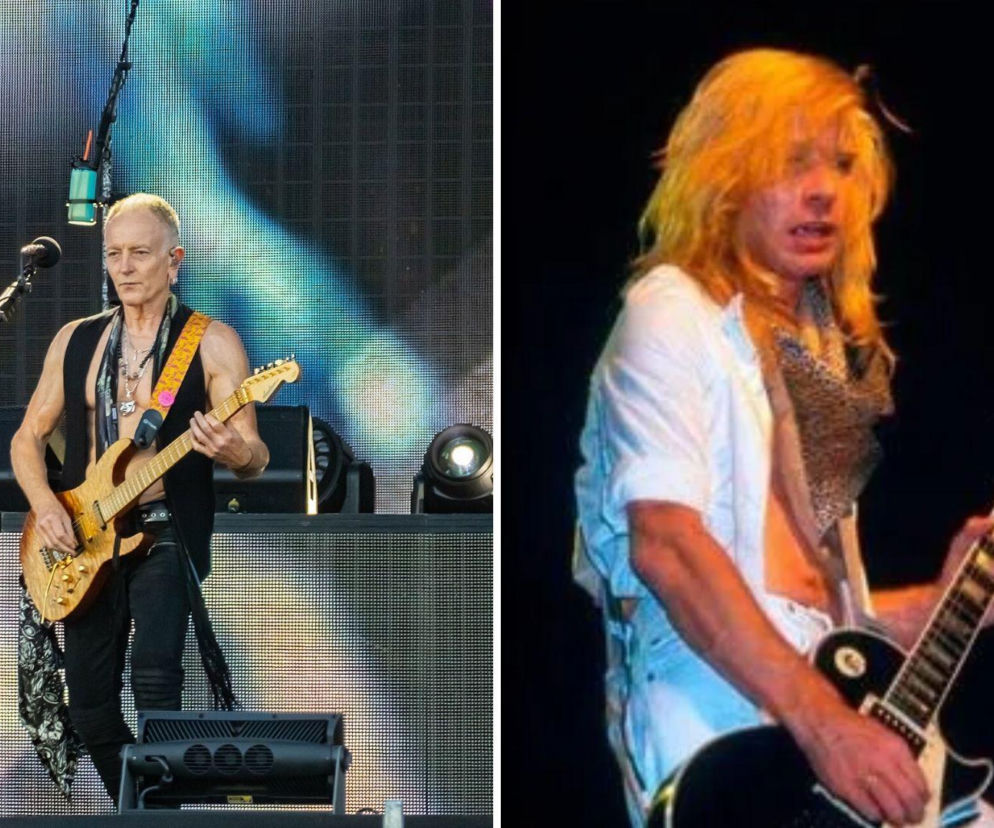 Gitarzysta Phil Collen na scenie. Obok na wstawce Steve Clark z Def Leppard. O muzykach przeczytasz na EskaRock.
