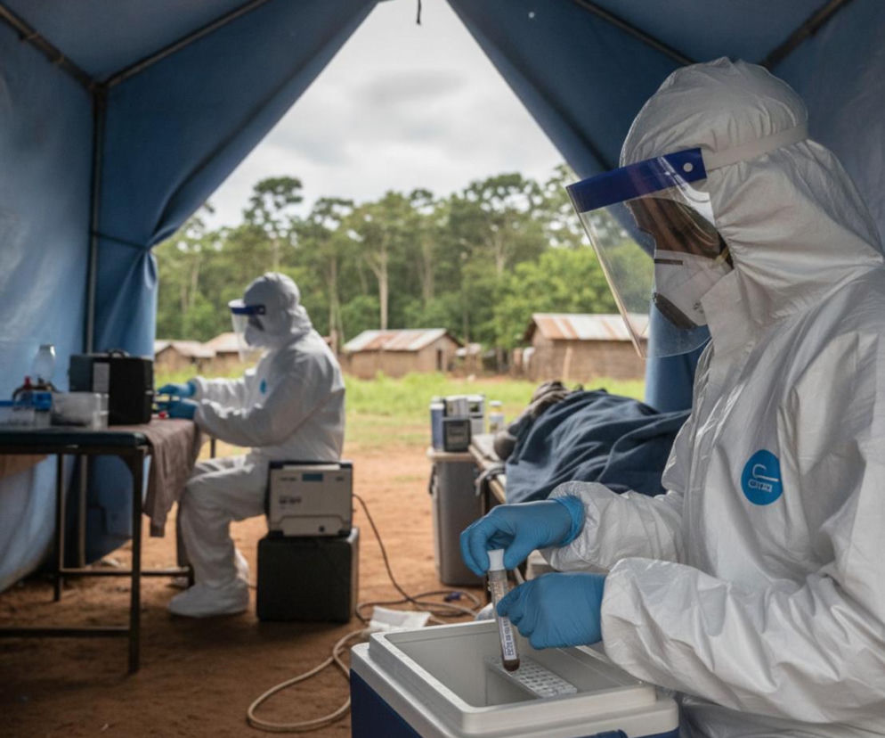 Personel medyczny w kombinezonach ochronnych, maskach i przyłbicach zabezpiecza próbki krwi pacjentów z wirusem Ebola w mobilnym laboratorium w regionie dotkniętym epidemią. O walce z wirusem i zagrożeniach przeczytasz na Poradnik Zdrowie.