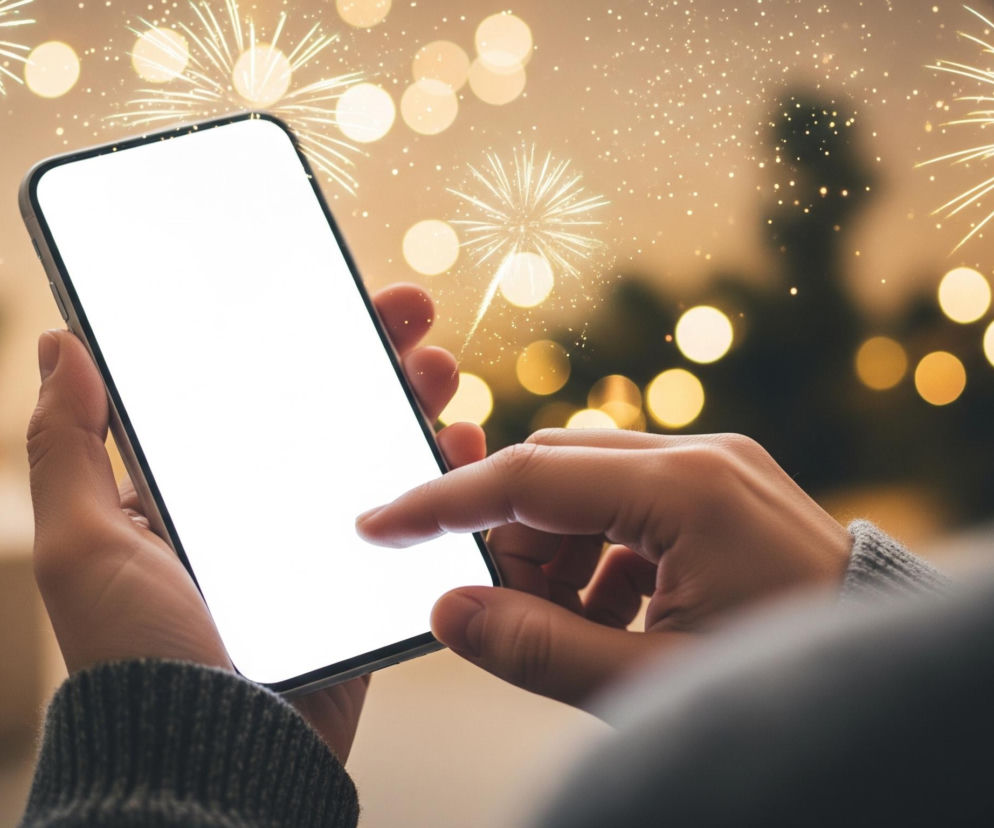 Dłonie osoby trzymającej pionowo smartfon z białym, pustym ekranem zajmują centralną część kadru. Lewa dłoń obejmuje urządzenie, podczas gdy palec wskazujący prawej dłoni delikatnie dotyka ekranu, z podświetleniem widocznym wokół opuszka. Osoba ma na sobie szary, dzianinowy sweter, a tło rozmywa się w ciepłych odcieniach złota i brązu, z licznymi jasnymi, okrągłymi refleksami świetlnymi oraz rozbłyskami przypominającymi fajerwerki.