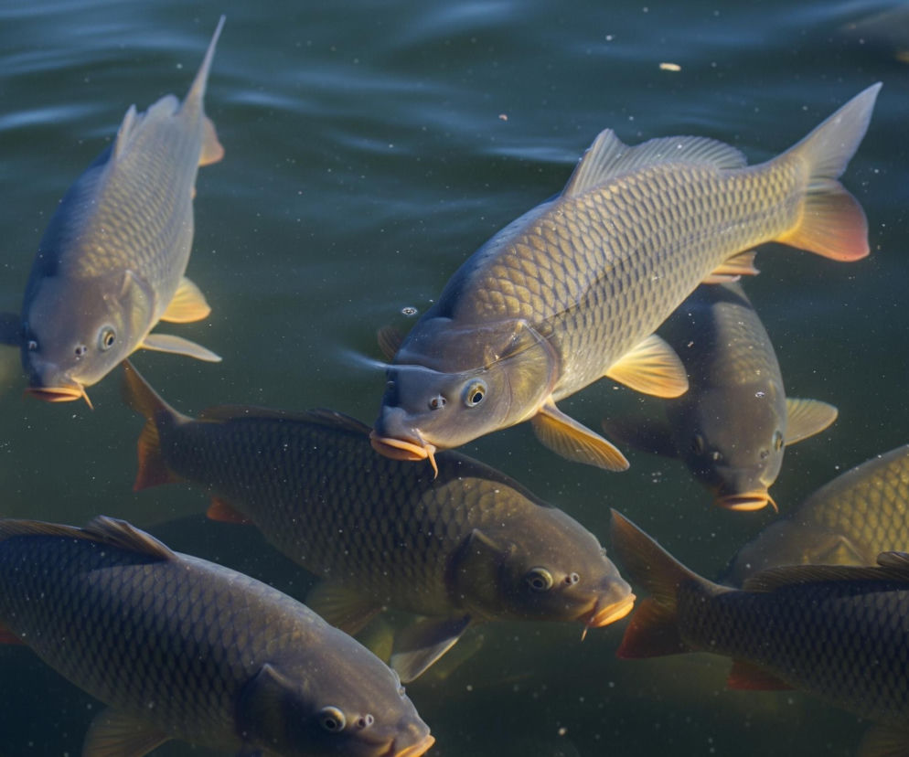 Stado karpi pływających w stawie hodowlanym, ich łuski mienią się w świetle słonecznym, symbolizujące tradycję zakupu żywych ryb na Święta. Więcej o dostępności karpi i ich cenach przeczytasz na portalu Super Biznes.