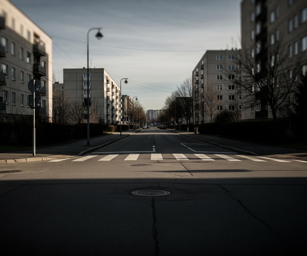 Ulica z przejściem dla pieszych biegnie prosto w głąb obrazu, otoczona po obu stronach wysokimi, blokowymi budynkami w odcieniach szarości i beżu. Na pierwszym planie, w dolnej części, dominuje cień pokrywający nawierzchnię drogi, natomiast dalej, na wysokości przejścia, widoczne są fragmenty oświetlone słońcem, tworzące wyraźny kontrast. Wzdłuż ulicy rozmieszczone są latarnie uliczne oraz nagie drzewa, a na niebie widoczne są rzadkie, szare chmury. Całość kompozycji charakteryzuje się płytką głębią ostrości, gdzie centrum obrazu jest ostre, a krawędzie i tło są rozmyte.