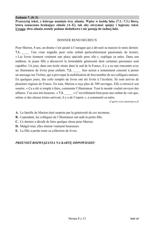 ARKUSZE CKE - Matura francuski - poziom podstawowy 2019
