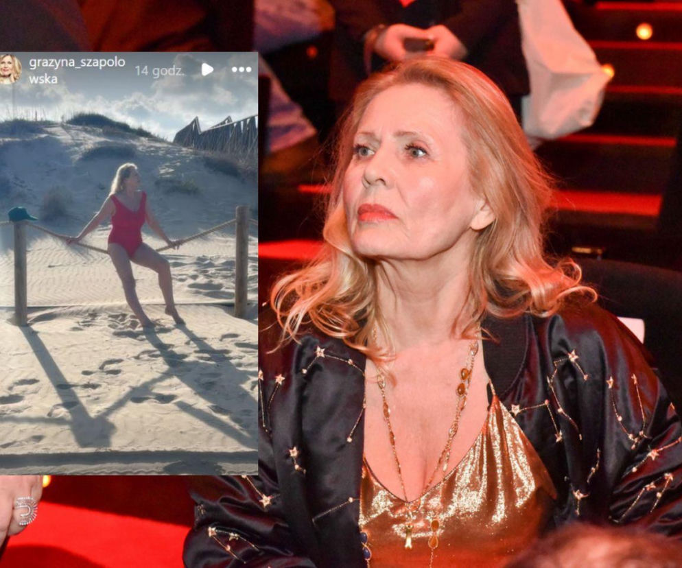 Grażyna Szapołowska. Na miniaturze obok aktorka w czerwonym kostiumie na plaży. O jej wakacyjnej formie przeczytasz w Eska.