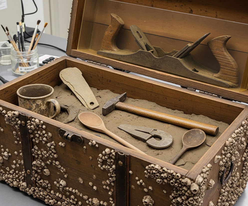 Otwarta drewniana skrzynia, gęsto pokryta białymi, wypukłymi naroślami przypominającymi pąkle, leży na szarym stole laboratoryjnym. W jej wnętrzu, na warstwie beżowego, drobnego materiału przypominającego piasek lub pył, ułożone są różne przedmioty: metalowy kubek, młotek z drewnianą rączką, dwie drewniane łyżki oraz kilka metalowych narzędzi o nieregularnych kształtach. Pokrywa skrzyni, również obrośnięta pąklami, jest uniesiona, a w jej zagłębieniu, za przezroczystą szybą, znajduje się drewniany strug, pokryty podobnym pyłem. Na stole obok skrzyni widoczne są pędzelki, szklany słoik z kolejnymi pędzlami, oraz fragmenty sprzętu laboratoryjnego.