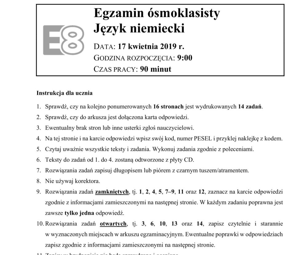 Egzamin ósmoklasisty 2019 - Arkusze Język Niemiecki [CKE]