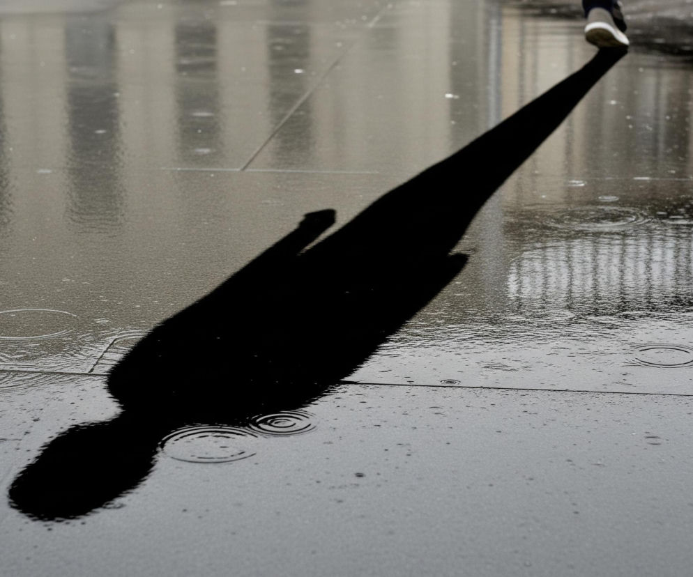Ciemny, wydłużony cień osoby dominuje centralną część kadru, rozciągając się od prawego górnego rogu w stronę lewego dolnego, gdzie kończy się zaokrąglonym kształtem. Jedynie stopa w białym bucie, należąca do postaci rzucającej cień, jest widoczna w prawym górnym rogu. Powierzchnia, na której widoczny jest cień, jest mokra i odzwierciedla otoczenie, z widocznymi koncentrycznymi kręgami na wodzie, świadczącymi o padającym deszczu. Tło tworzą rozmyte, pionowe pasy odcieni szarości, będące odbiciami elementów architektonicznych lub krat.