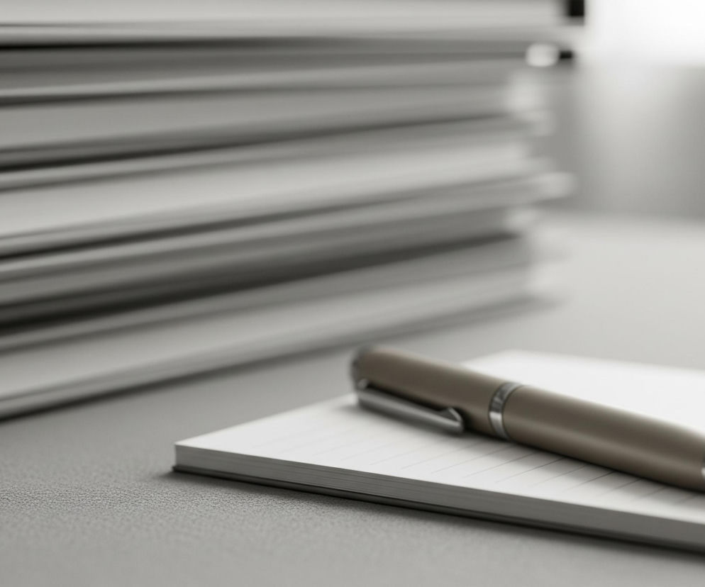 Na pierwszym planie leży otwarty notes w kratkę, a na nim poziomo spoczywa długopis w kolorze beżowo-szarym z metalicznymi akcentami. Za notesem znajduje się wysoki stos książek lub zeszytów w szarych okładkach, ułożonych równolegle do krawędzi blatu. Całość osadzona jest na szarym, teksturowanym blacie, a w tle widać rozmyte, jasne światło.