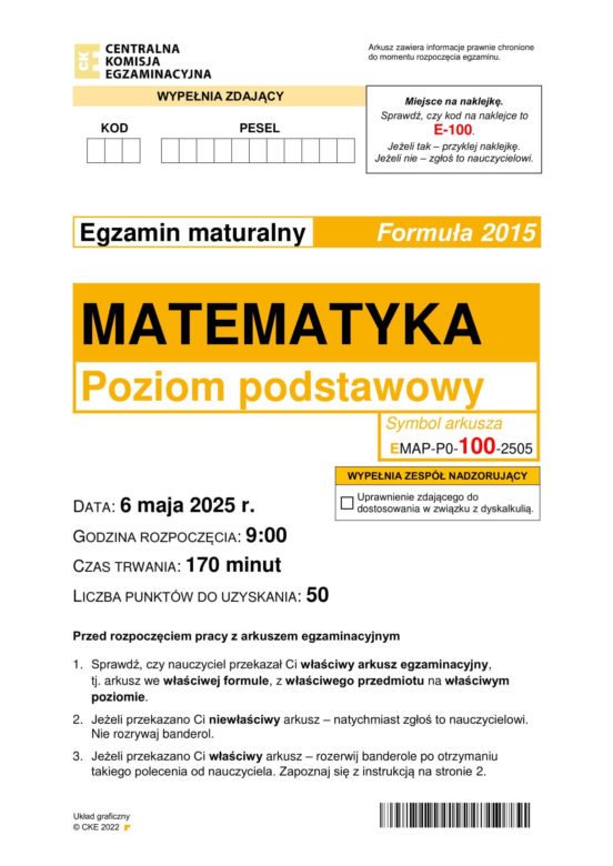 Matura 2025: matematyka 6.05.2025. Arkusze CKE i odpowiedzi. Poziom podstawowy 1 i 2 część [Formuła 2015]