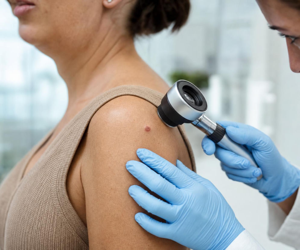 Lekarka bada dermatoskopem zmianę na ramieniu pacjentki. O tym, jak rozpoznać czyraka, przeczytasz na Poradnik Zdrowie.