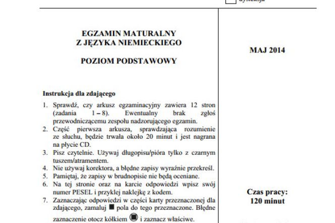 Arkusze niemiecki podstawowy matura 2014