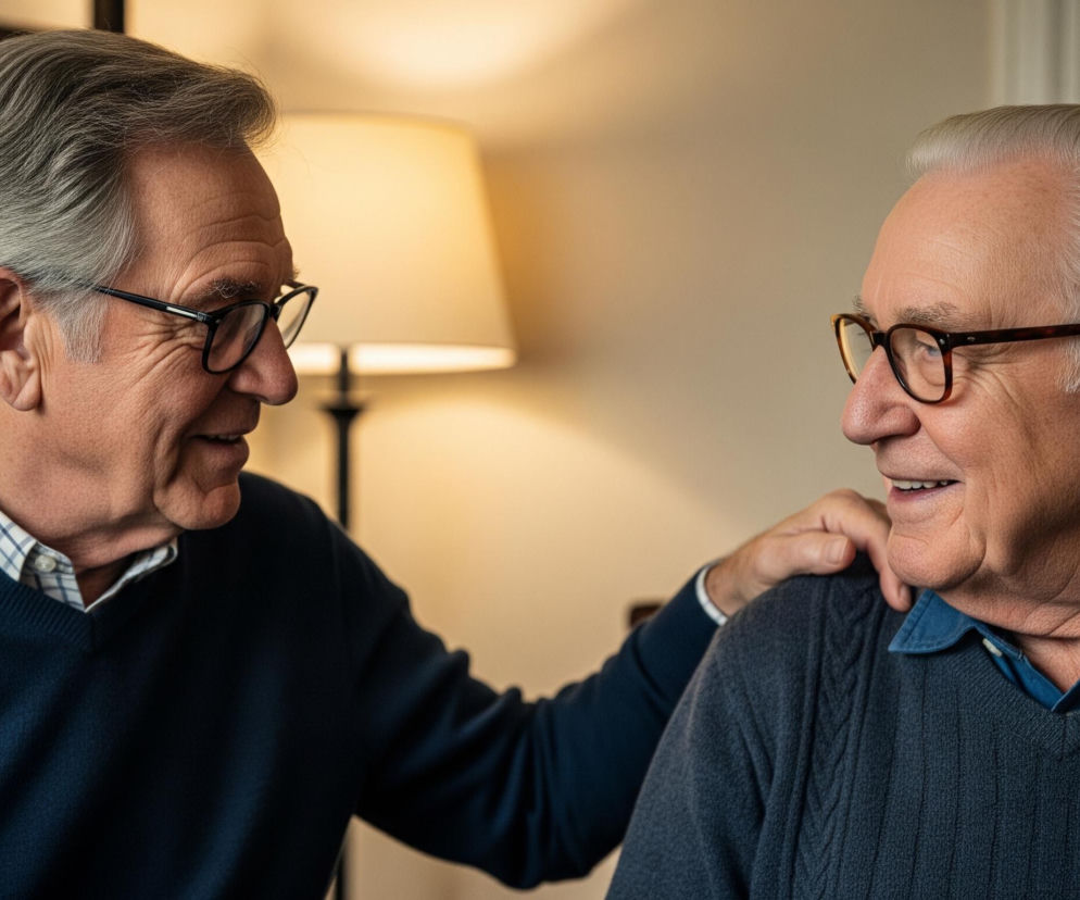 Dwóch starszych mężczyzn uśmiecha się do siebie, patrząc w swoje oczy. Mężczyzna po lewej stronie, z szarymi włosami i czarnymi okularami, ma na sobie granatowy sweter w serek założony na białą koszulę w kratę; jego prawa ręka spoczywa na lewym ramieniu drugiego mężczyzny. Mężczyzna po prawej, również z siwymi włosami i brązowymi okularami, nosi ciemnoszary sweter z warkoczowym splotem, pod którym widoczny jest kołnierzyk niebieskiej koszuli. Tło jest rozmyte, widoczna jest lampa ze stożkowym, jasnym abażurem po lewej stronie za mężczyzną.