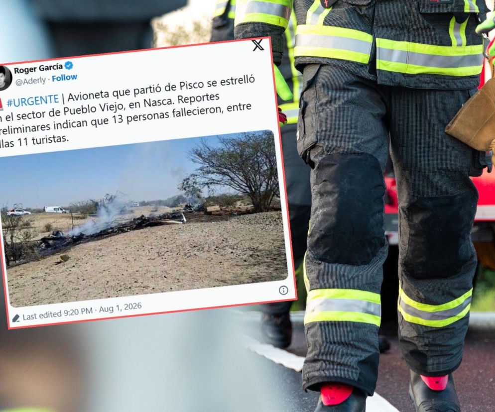 Strażak w stroju ochronnym. Obok na miniaturze zrzut ekranu z wpisem o katastrofie w Peru, o czym przeczytasz w Eska.
