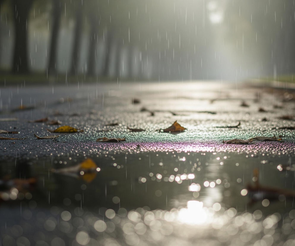 Droga asfaltowa, mokra od deszczu, biegnie przez środek kadru, widoczna z niskiej perspektywy. Powierzchnia drogi pokryta jest mnóstwem drobnych kropelek wody, a także rozrzuconymi, suchymi liśćmi w odcieniach brązu i żółci. W oddali, po obu stronach drogi, widać szereg niewyraźnych drzew, zanurzonych w jasnej mgle, z której wyłania się intensywne, białe światło. Na całym obrazie widoczne są liczne pionowe, jasne smugi, imitujące padający deszcz, a w dolnej części, na kałużach, odbija się rozmyte światło w postaci jasnych, okrągłych kształtów bokeh.