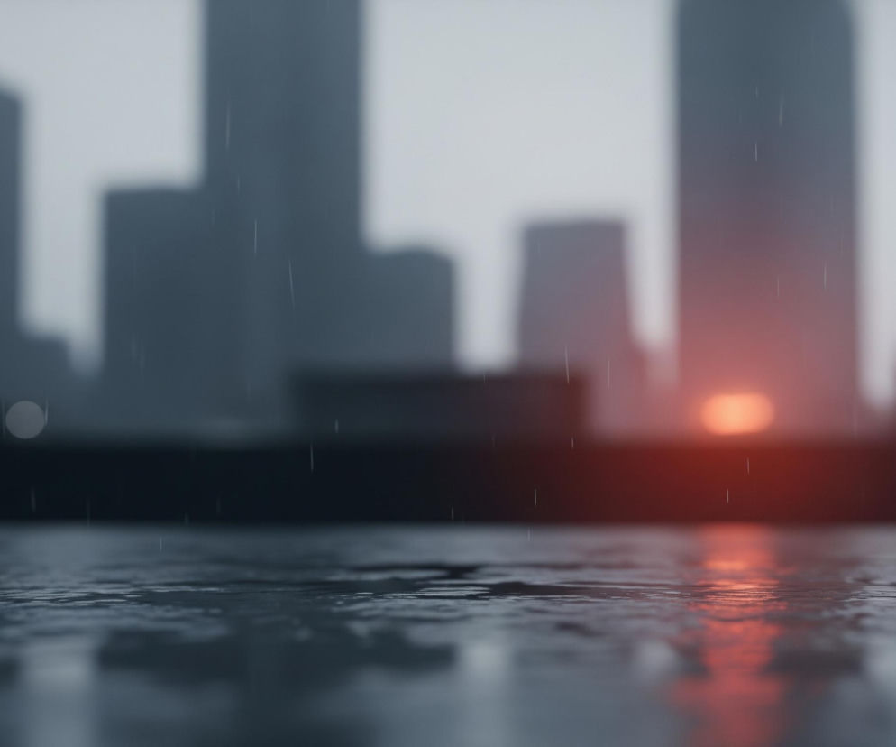 Na pierwszym planie widoczna jest mokra powierzchnia, prawdopodobnie asfaltu lub betonu, z licznymi kałużami i odbiciami światła. Woda tworzy nieregularne wzory i falujące kształty, a jej ciemnoszara barwa przechodzi w błękitne i czerwonawe refleksy. W tle, rozmyte i niewyraźne, rysują się kontury wielu wysokich budynków w odcieniach szarości i błękitu, tworząc panoramę miejską. Pomiędzy budynkami, w centrum kadru, znajduje się jaskrawy, pomarańczowo-czerwony punkt świetlny, prawdopodobnie słońce, odbijające się częściowo w mokrej powierzchni na pierwszym planie. Całość jest skąpana w delikatnym deszczu, którego pionowe smugi widoczne są w całym kadrze.