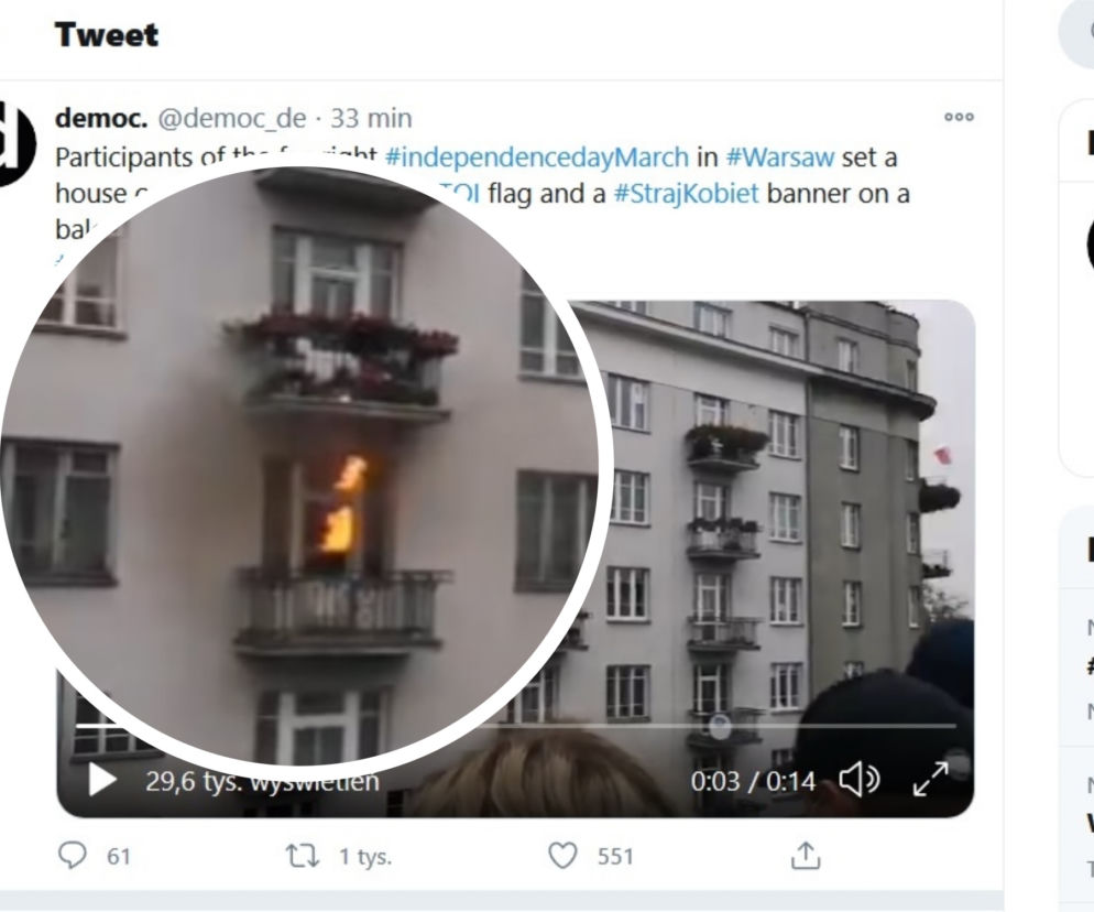 Pożar mieszkania na trasie Marszu Niepodległości. Rzucali w balkon z tęczową flagą, trafili dwa piętra niżej