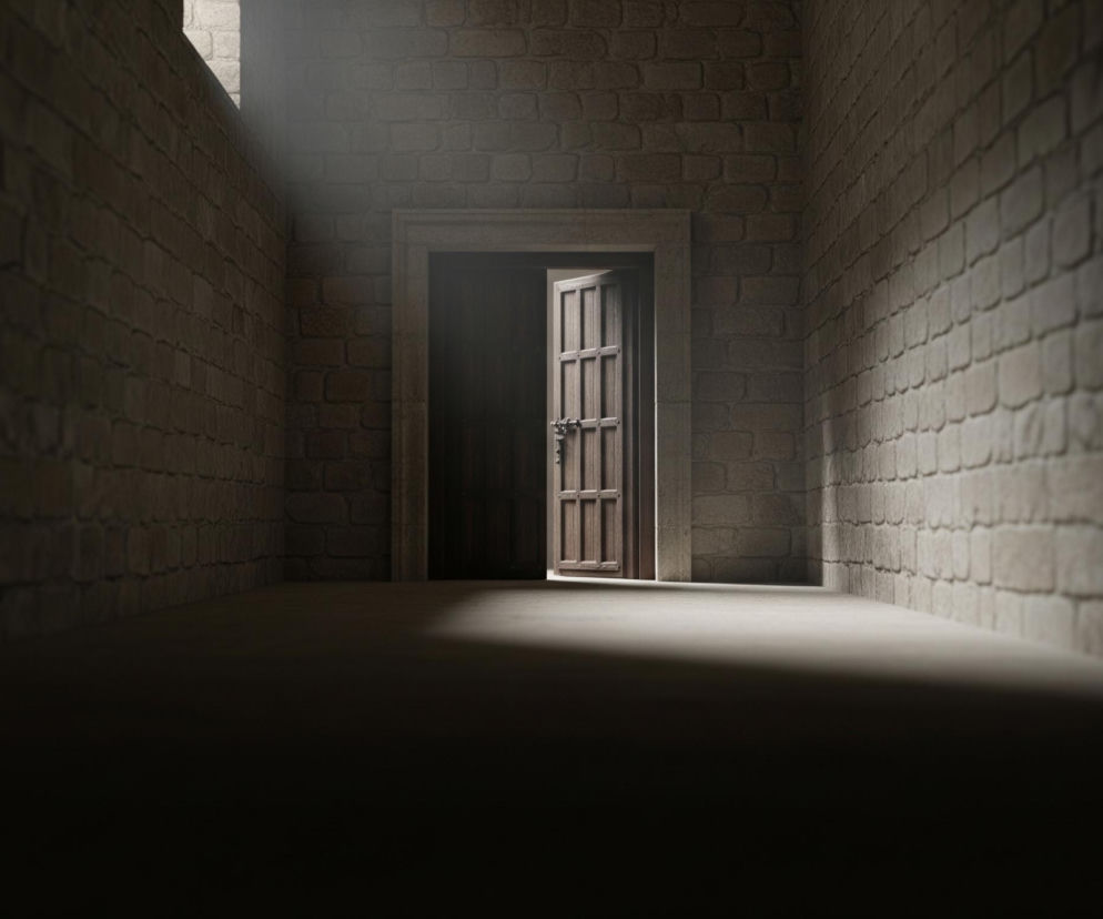 W centrum kadru znajduje się częściowo uchylone drewniane drzwi, przez które wpada jasne światło, tworząc wyraźny prostokątny cień na ciemnej podłodze. Drzwi osadzone są w kamiennym murze, zbudowanym z nieregularnych, beżowo-szarych cegieł o wyraźnej teksturze. Pomieszczenie to długi korytarz z wysokimi, ceglanymi ścianami po obu stronach, oświetlony od góry promieniami światła wpadającymi przez otwór w lewej górnej części.