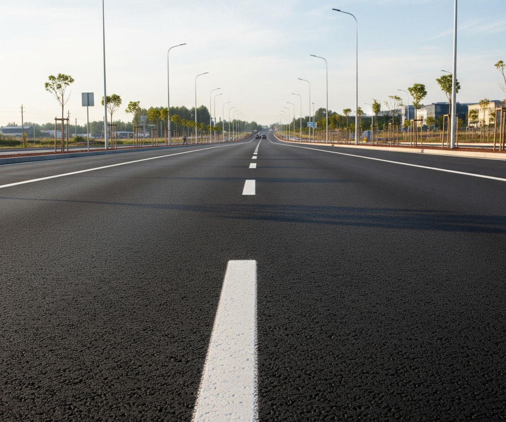 Czarna asfaltowa droga z białą, przerywaną linią centralną ciągnie się w perspektywie, zbiegając się w dali. Po obu stronach jezdni rozciągają się rzędy młodych drzew, wspartych na drewnianych konstrukcjach, oddzielone od asfaltu pasami żwiru i niskimi krawężnikami. Wzdłuż drogi w równych odstępach stoją wysokie, srebrne latarnie uliczne z podłużnymi oprawami, a w tle widać rozmazane budynki i zieleń pod jasnym, częściowo zachmurzonym niebem.