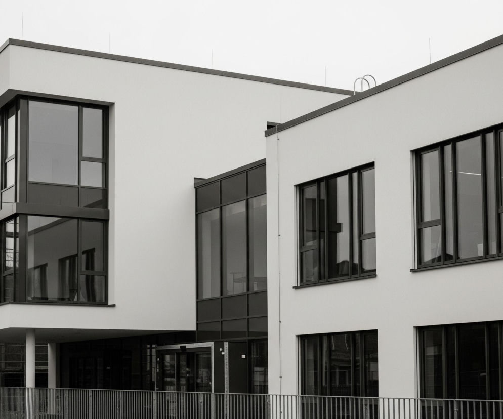 Architekturę nowoczesnego budynku w odcieniach szarości i bieli, z dominującymi dużymi, ciemnymi oknami. Budynek składa się z kilku połączonych ze sobą brył, z których jedna posiada wysuniętą część wspartą na dwóch kolumnach. Na lewo od głównego budynku widać fragment placu budowy z rusztowaniami i elementem dźwigu. Na pierwszym planie znajduje się metalowe ogrodzenie.
