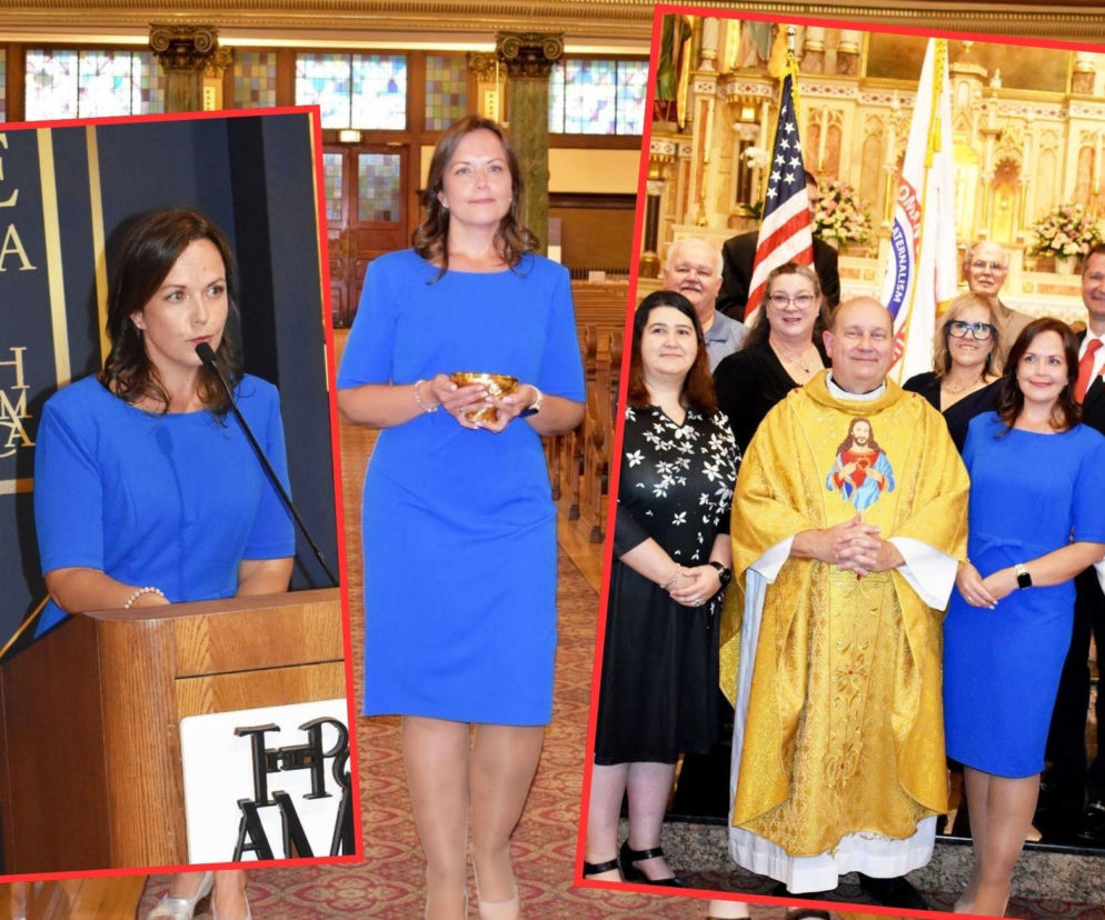 Agnieszka Bastrzyk w niebieskiej sukni w kościele. Obok na wstawkach przemawia i stoi z grupą. Czytaj w SE USA.
