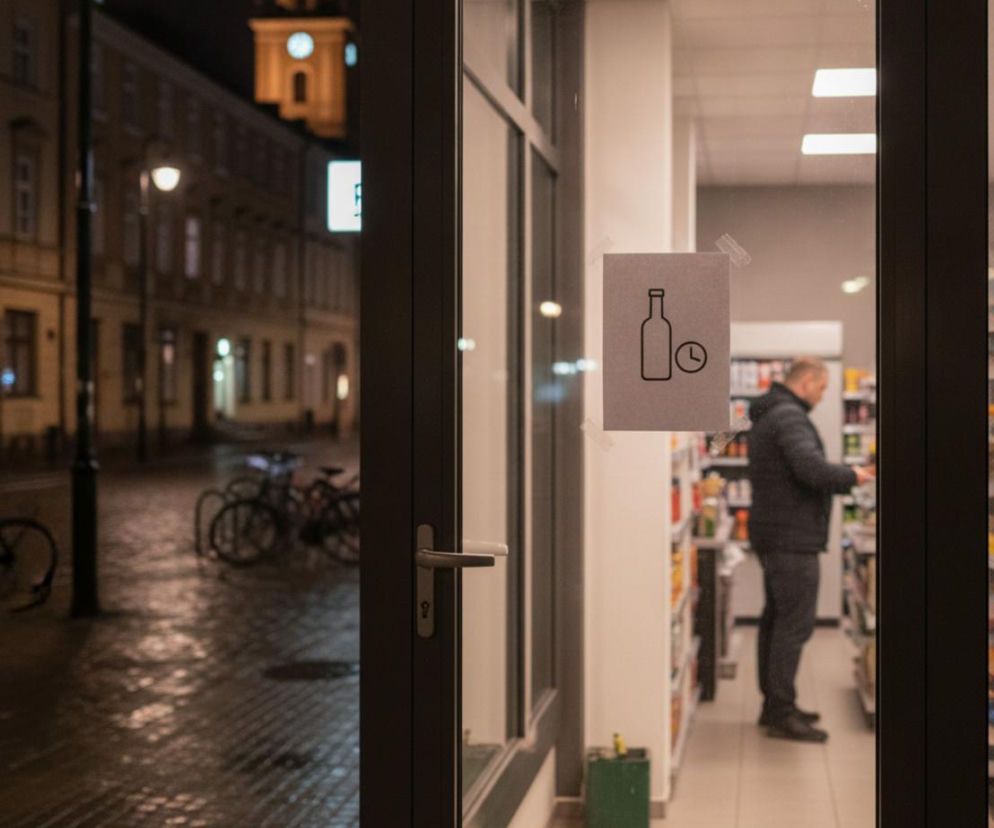 Kartka z ikoną butelki i zegara na drzwiach sklepu w nocy. O zakazie sprzedaży alkoholu w Poznaniu przeczytasz na PZ.