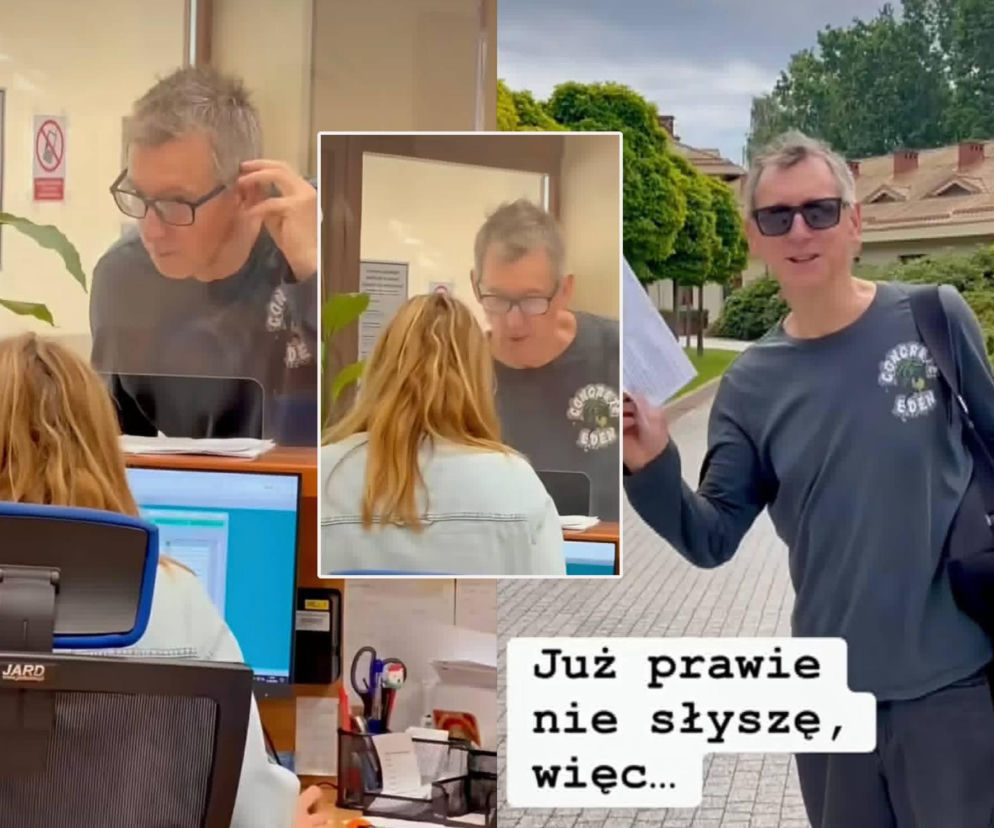 Kolaż trzech zdjęć Macieja Miecznikowskiego. Na dwóch artysta rozmawia z kobietą w placówce medycznej, trzymając dłoń przy uchu, na trzecim uśmiecha się w okularach przeciwsłonecznych na zewnątrz. Fotografia ilustruje problemy ze słuchem artysty, o których możesz przeczytać na naszym portalu.