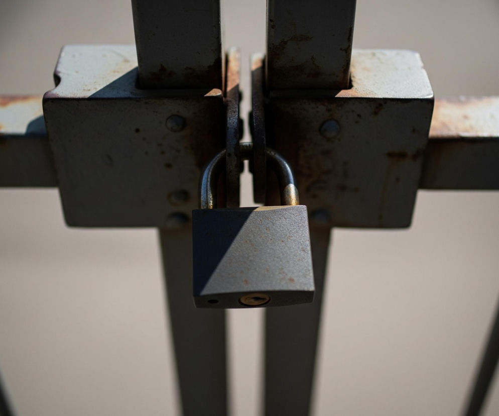 Metalowa, szara kłódka z mosiężnym trzpieniem zwisa pionowo, zabezpieczając rdzewiejące, szare metalowe drzwi lub bramę. Blokada o matowej teksturze rzuca długi cień na elementy konstrukcyjne. Po obu stronach kłódki widoczne są pionowe, ciemne pręty, stanowiące część ramy, a tło jest jasne i rozmyte.