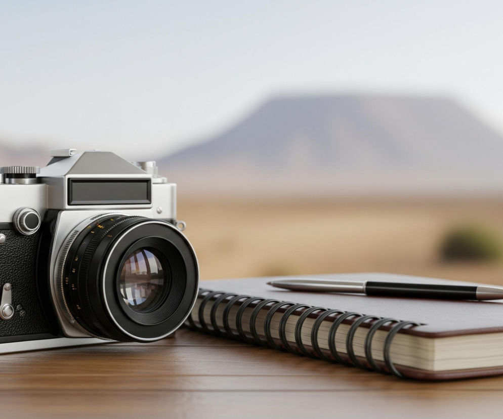 Na drewnianym stole leży analogowy aparat fotograficzny z czarnym obiektywem i srebrnym korpusem, obok niego leży otwarty notatnik z czarną, spiralną oprawą, na którym spoczywa długopis. W tle rozciąga się rozmyty krajobraz z dużym, ciemnym wzniesieniem przypominającym górę lub wulkan, oraz jasnym, bezchmurnym niebem. Całość oświetlona jest łagodnym, naturalnym światłem.