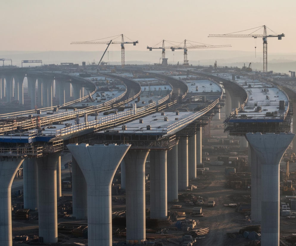 Na pierwszym planie widoczny jest plac budowy autostradowego wiaduktu lub mostu, składający się z wielu równoległych betonowych konstrukcji wspartych na szeregach masywnych, walcowatych filarów. Konstrukcje te, z lekko zaśnieżonymi nawierzchniami, rozciągają się w głąb obrazu, tworząc falujące linie, z których niektóre są jeszcze w początkowej fazie budowy, a inne są niemal ukończone. Na platformach roboczych oraz wokół filarów widać rusztowania, ogrodzenia ochronne i rozrzucone materiały budowlane, takie jak stalowe pręty i bloki betonu. W tle, ponad budowanym wiaduktem, majaczą sylwetki co najmniej czterech żurawi wieżowych, a horyzont jest zamglony, tworząc jasne, niemal jednolite niebo w odcieniach bladego różu i pomarańczu, co sugeruje wschód lub zachód słońca.