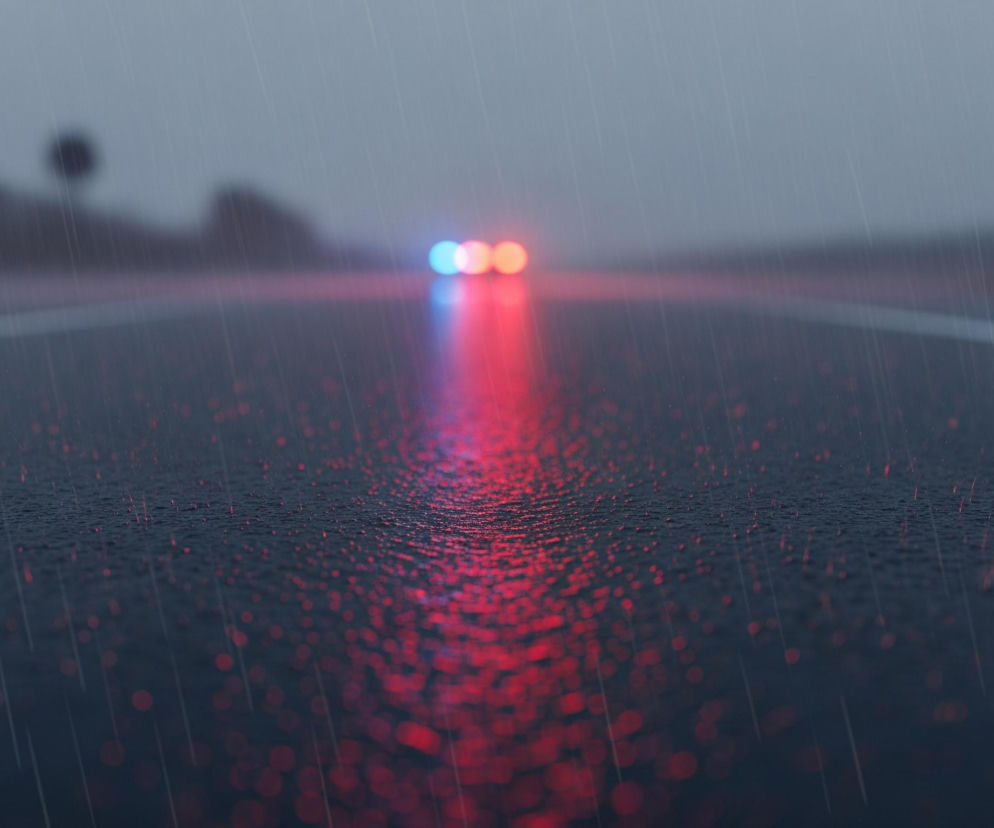 Deszcz pada na ciemną, asfaltową drogę, na której widoczne są dwie białe, ciągłe linie rozdzielające pasy ruchu. Na horyzoncie, w oddali, znajdują się trzy rozmyte światła: dwa czerwone po prawej i jedno niebieskie po lewej, tworząc wyraźne odbicia na mokrej nawierzchni, która błyszczy od kropli wody i rozproszonego światła. Na niebie widać opady deszczu, a tło jest mgliste i szare z zarysem drzew po lewej stronie.