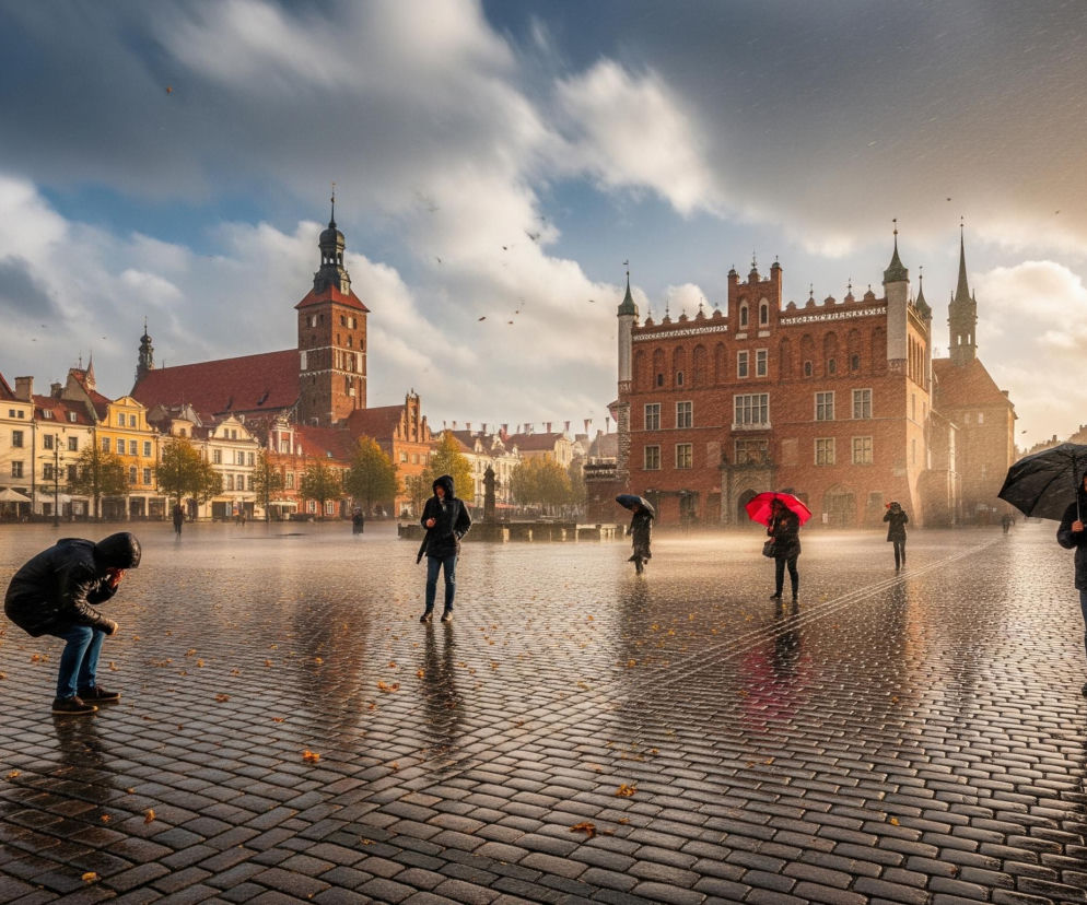 Rynek brukowany, pokryty kałużami i odbijający światło, stanowi główny plan obrazu. Po lewej stronie, w kapturze, pochyla się postać, a po prawej, na pierwszym planie, idzie mężczyzna z otwartym czarnym parasolem, od którego odbija się światło zachodzącego słońca. W tle widoczne są historyczne kamienice o pomarańczowych dachach i ceglanych fasadach, z centralnym budynkiem o spiczastych wieżyczkach i wieżą zegarową z lewej strony. Niebo jest częściowo zachmurzone, z ciemniejszymi chmurami po lewej i jasnymi, oświetlonymi promieniami słońca po prawej, skąd spadają pojedyncze krople deszczu, widoczne jako drobne, jasne smugi.