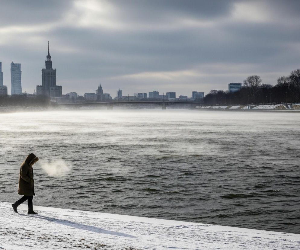 Postać w zimowej kurtce z kapturem obszytym futrem idzie po zaśnieżonym brzegu, odwrócona lekko w lewo, z opuszczoną głową i wydobywającą się z ust parą. Po prawej stronie widać ciemne, falujące wody rzeki, nad którymi unosi się mgła lub para, rozciągająca się w kierunku horyzontu. W oddali, po lewej stronie rzeki, rozciąga się miejska panorama z wysokimi budynkami i mostem, a za nią ciemne, bezlistne drzewa. Niebo jest zachmurzone, z promieniami słońca przebijającymi się przez szare chmury, oświetlającymi lekko rzekę.