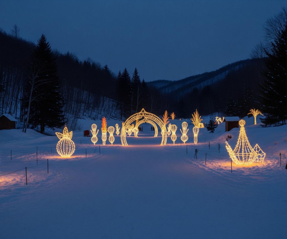 Śnieżna, zimowa sceneria prezentuje rozświetlone instalacje świetlne w kształcie ozdób świątecznych i motywów roślinnych, rozmieszczone wzdłuż ośnieżonej ścieżki. W centralnej części obrazu znajduje się duża, bogato zdobiona brama świetlna, za którą widoczne są mniejsze, stylizowane figury przypominające drzewa i inne elementy dekoracyjne, wszystkie wykonane z ciepłych, żółtych światełek. Tło stanowi ciemny las, pokryte śniegiem zbocza wzgórz i granatowe niebo zapadającego zmroku, co dodatkowo podkreśla blask świątecznych iluminacji.