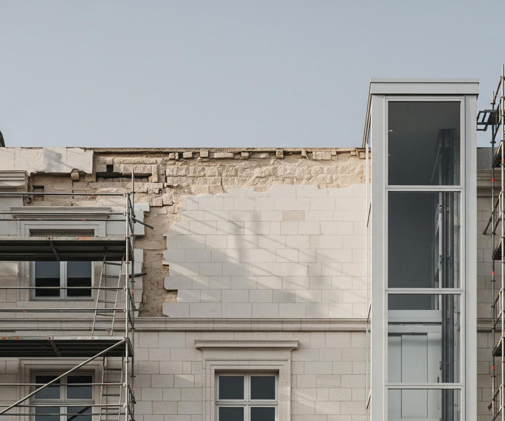 Fasada budynku zbudowanego z jasnych, prostokątnych bloków jest częściowo zasłonięta dwoma sekcjami metalowego rusztowania. Pomiędzy rusztowaniami, w centrum obrazu, widać spory fragment uszkodzonej ściany, gdzie wierzchnia warstwa tynku odpadła, odsłaniając ceglany mur. Po prawej stronie tej uszkodzonej ściany znajduje się nowoczesny, przeszklony szyb, przypominający windę, z metalową, jasnoszarą konstrukcją. Jasnoniebieskie, bezchmurne niebo stanowi tło dla górnej części budynku.