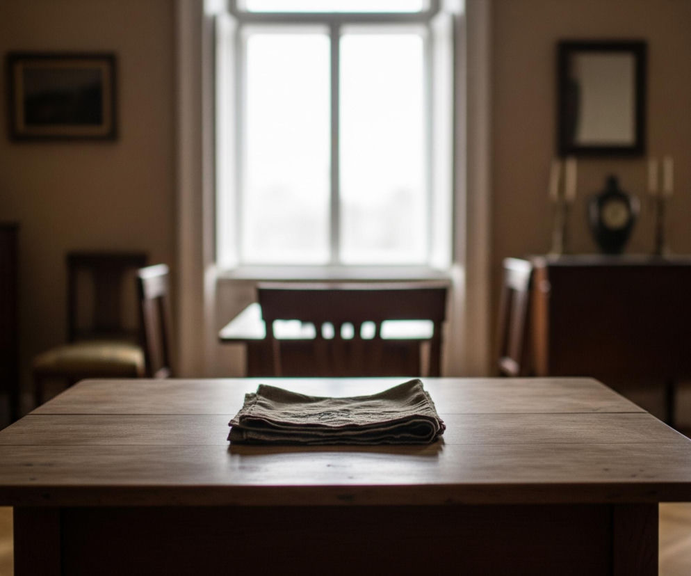 Na pierwszym planie drewnianego stołu leży złożona, brązowo-zielona serweta. Stół zajmuje dolną połowę kadru i jest centralnie ustawiony. W tle, rozmyte przez głębię ostrości, widać jasne okno z białymi ramami, zza którego wpada rozproszone światło. Po obu stronach okna znajdują się meble: po lewej ciemna szafka z figurką na wierzchu i obrazy na ścianie, po prawej konsola z zegarem i świecznikami, a także kolejne okno.